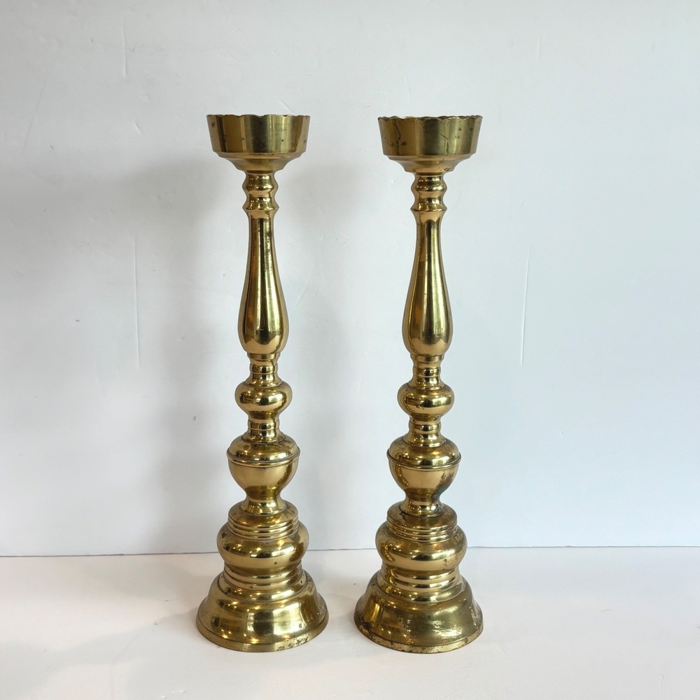 Vintage Tall Brass Candlesticks Pair Set 2 Large 12" Gold Scalloped Rim *Read